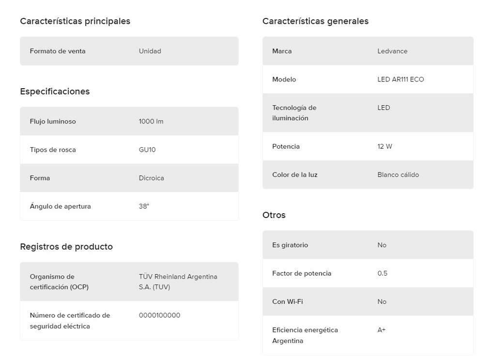 Lámpara Led AR111 12w 38º luz cálida Ledvance 