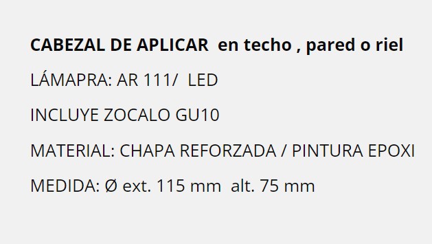 TACHO CABEZAL DE APLICAR TECHO PARED O RIEL CILINDRICO 11,5X7,5cm 1MOV 1L AR-111 NEGRO TEX