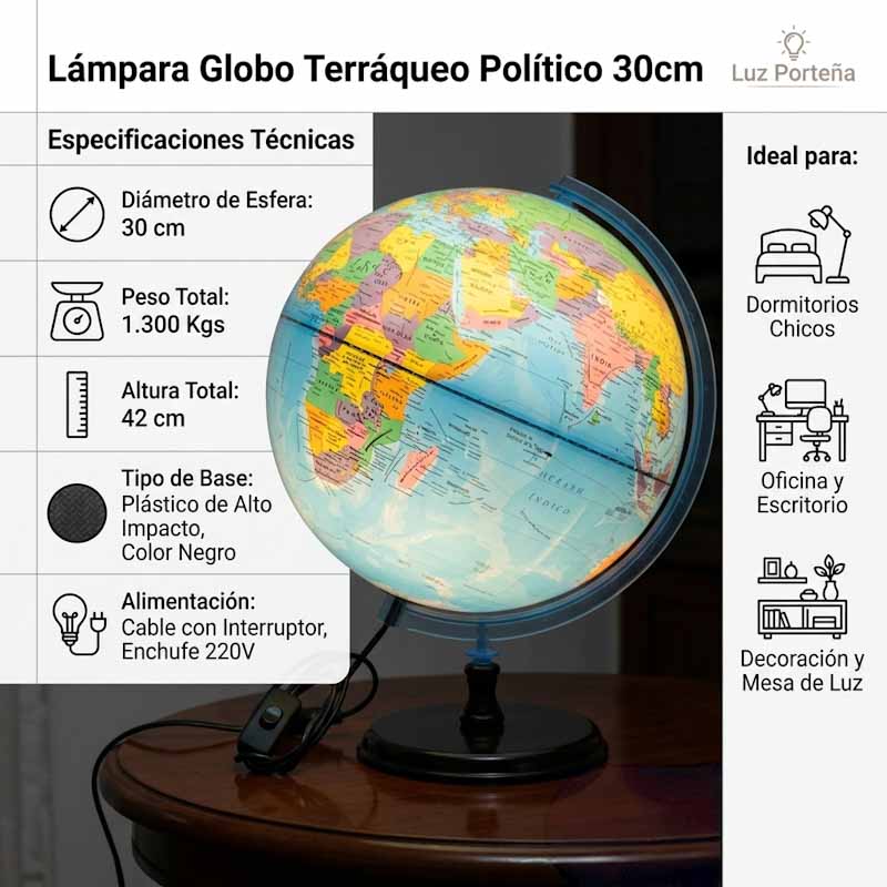Lámpara Globo Terráqueo Político Base Negra 30cm